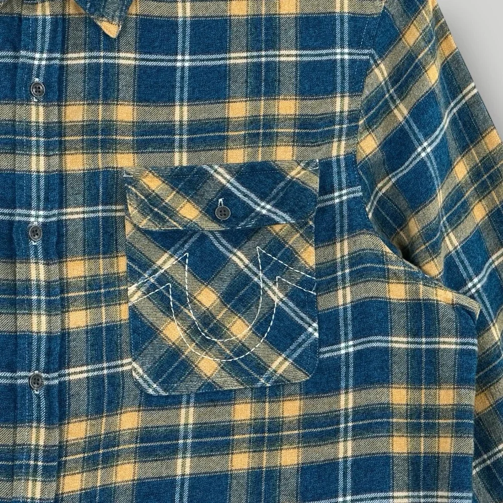 True Religion Plaid Flannel Shirt‎ Mens 3XL Western Horseshoe Logo Long Sleeves